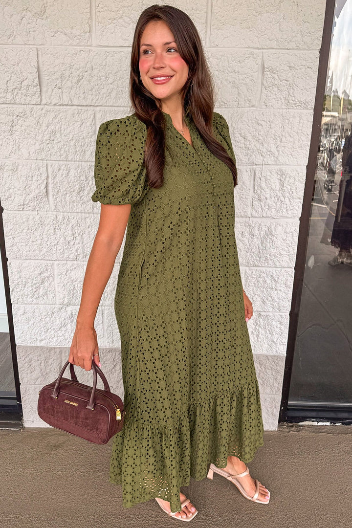 solid olive green embroidered eyelet details short sleeve cotton maxi dress with side pockets