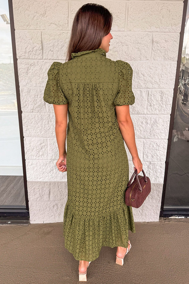 solid olive green embroidered eyelet details short sleeve ruffle hem cotton maxi dress