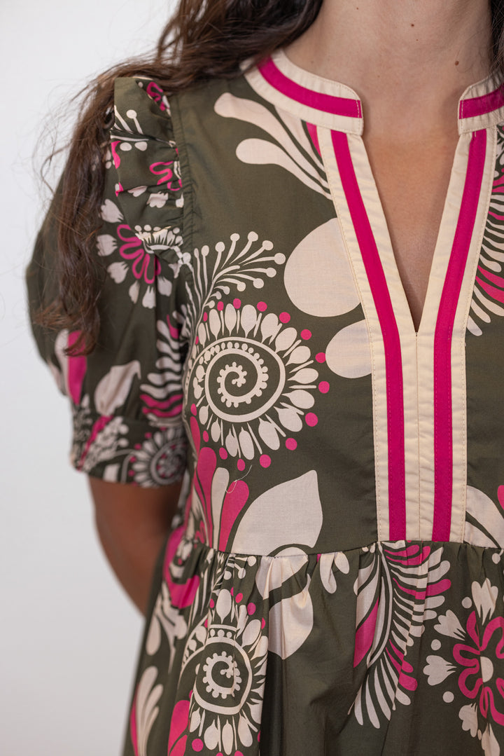 olive paisley and floral printed v neck dress