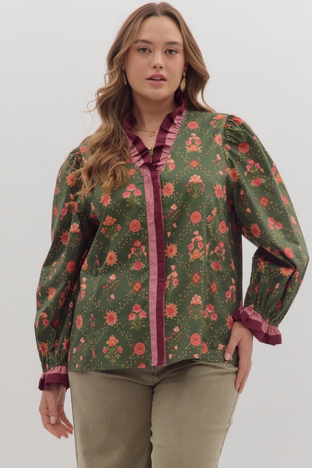Women's olive and red floral print snap front top with mauve and burgundy trim by Entro in plus