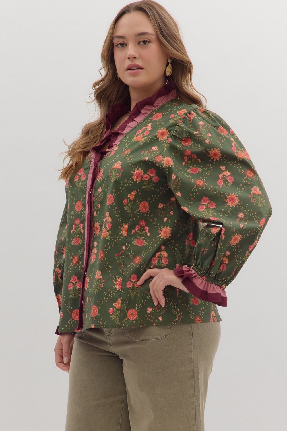 Women's olive and red floral snap front top with mauve and burgundy trim by Entro in plus showing slight side view