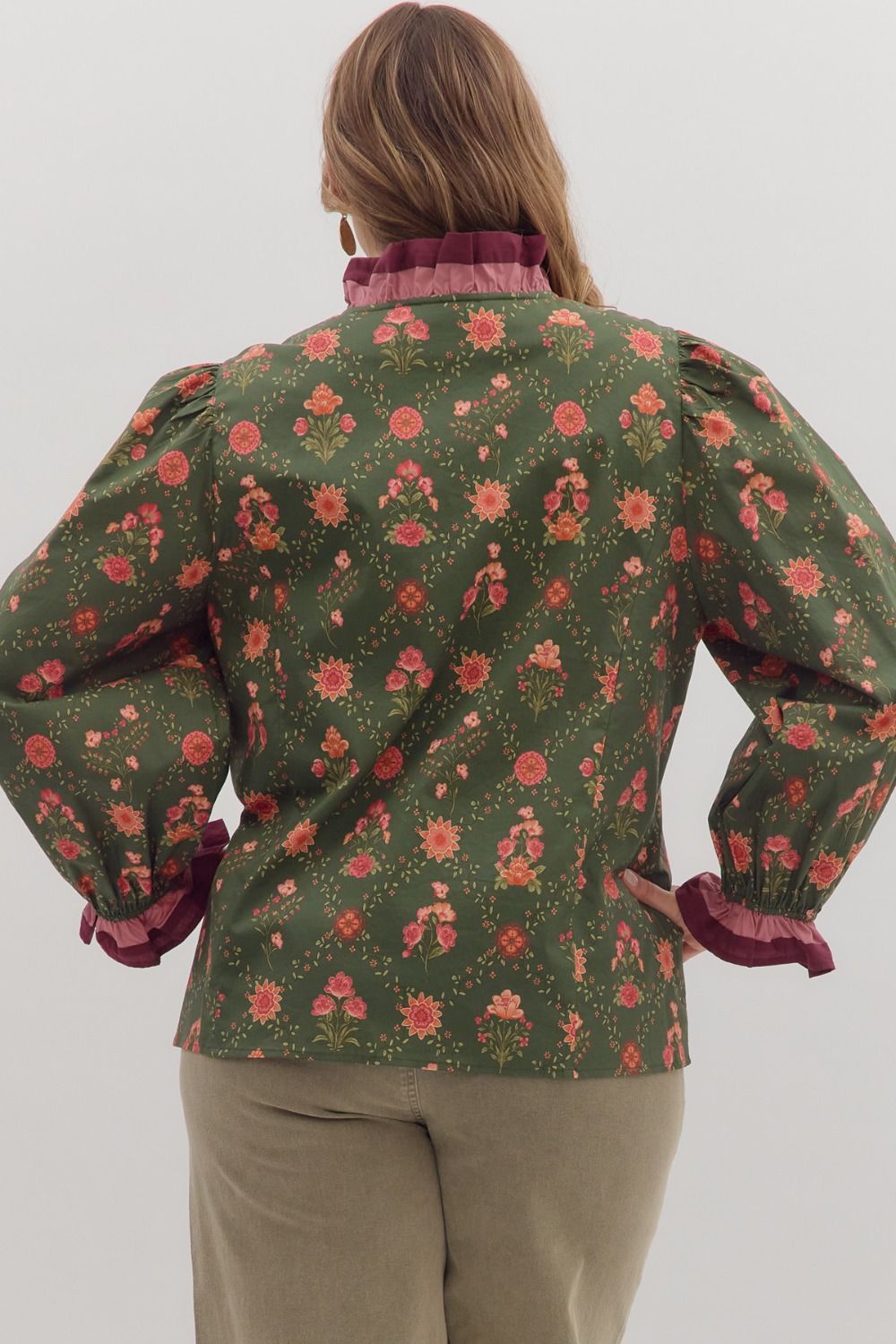 Women's olive and red floral snap front top with mauve and burgundy trim by Entro in plus showing back view