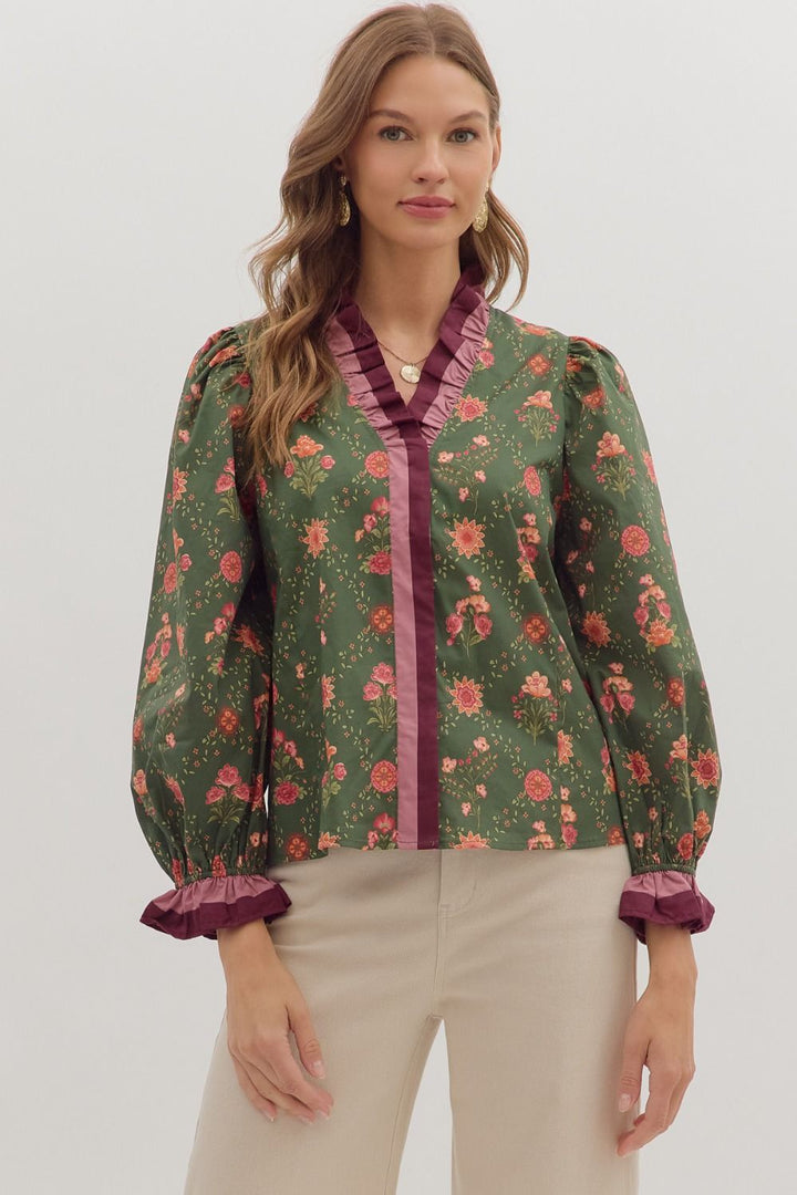 Harvest Wishes Olive Floral Top