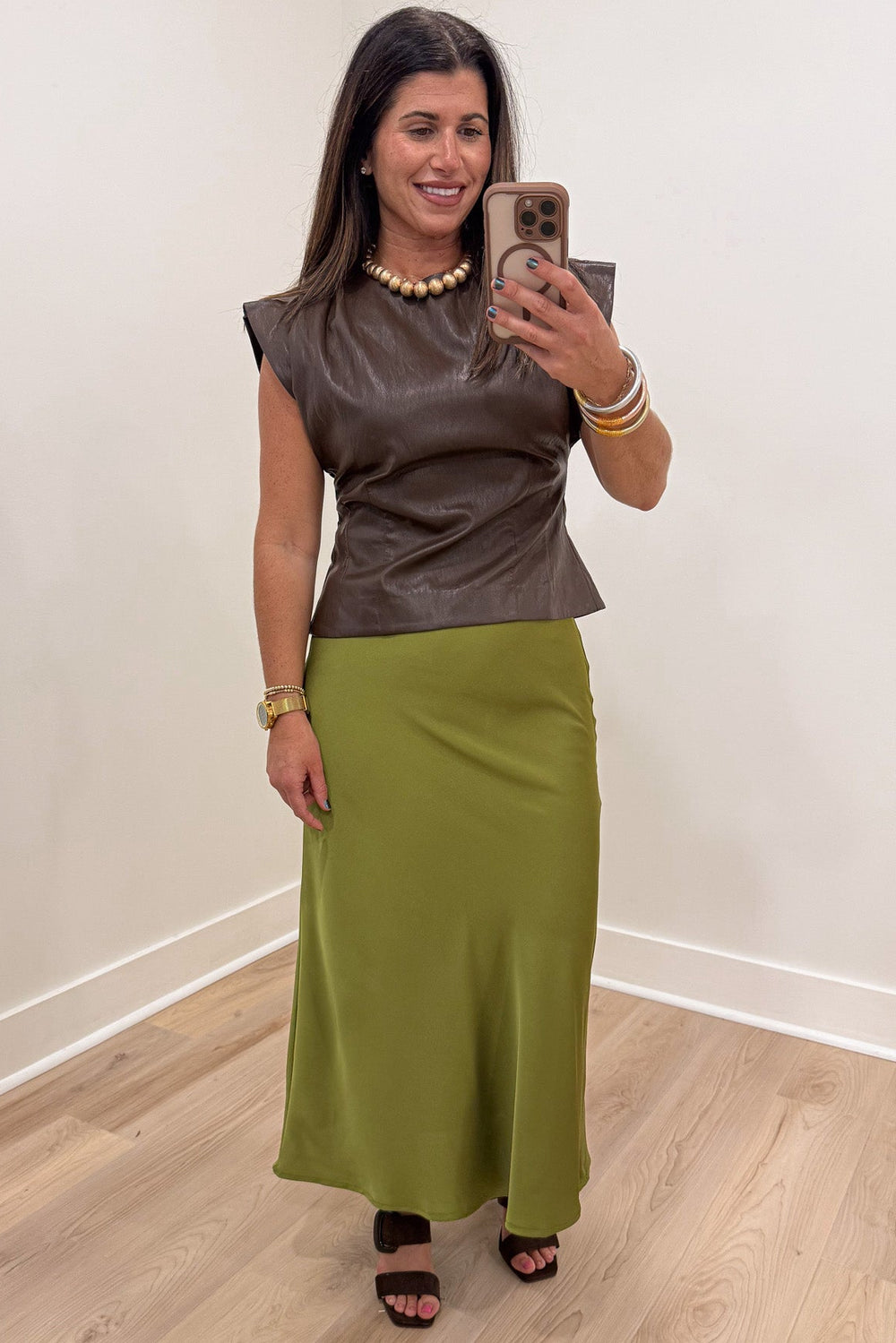 solid olive green lightweight sleek satin midi skirt