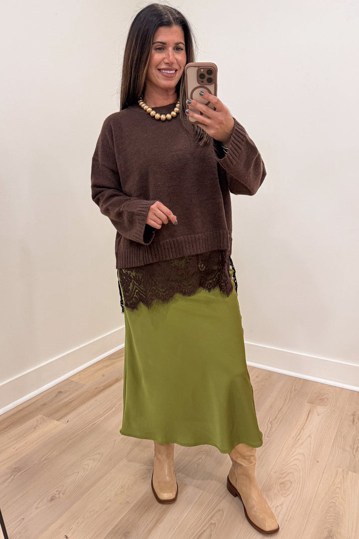classy solid olive green flattering relaxed fit lightweight satin midi skirt