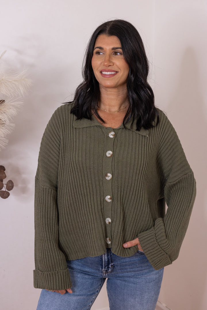 Women's olive button front sweater knit cardigan with a collar by She & Sky