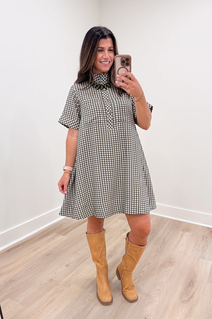 olive ivory gingham short flowy swing dress 