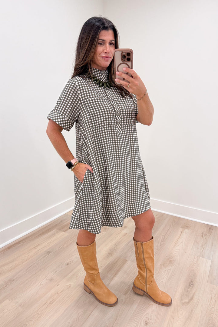olive ivory gingham short flowy swing dress side view