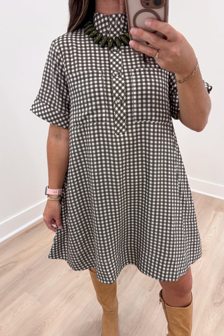 olive gingham short flowy swing dress 