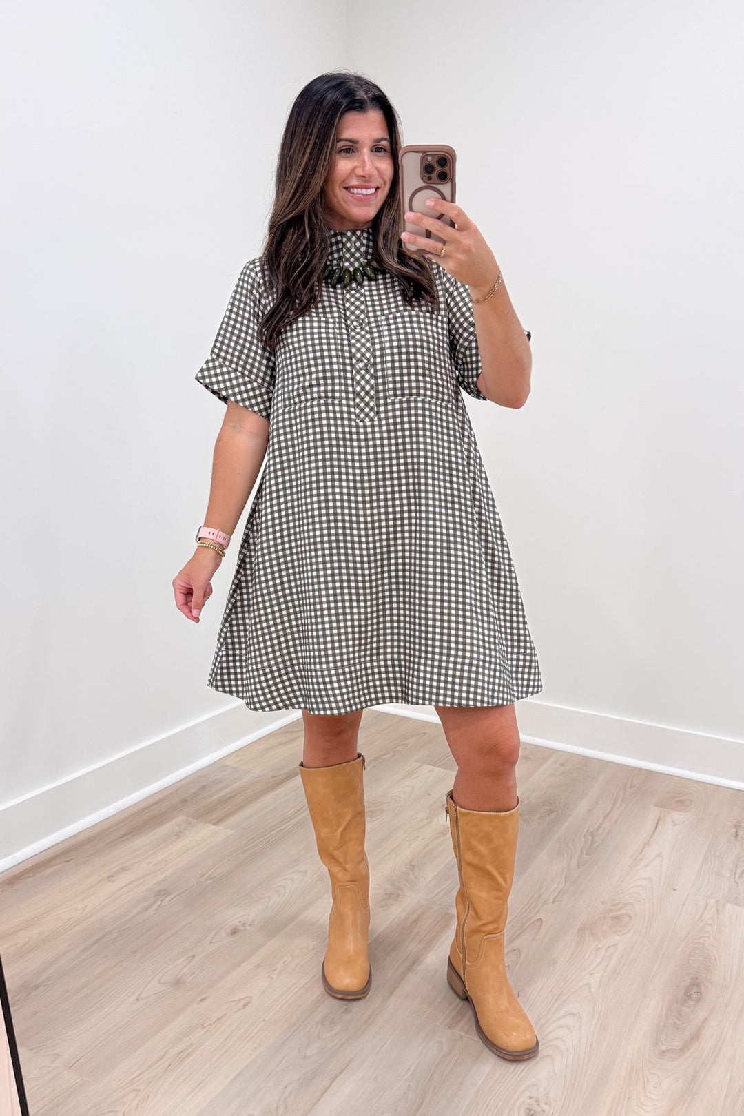 olive ivory gingham short flowy swing dress with pockets