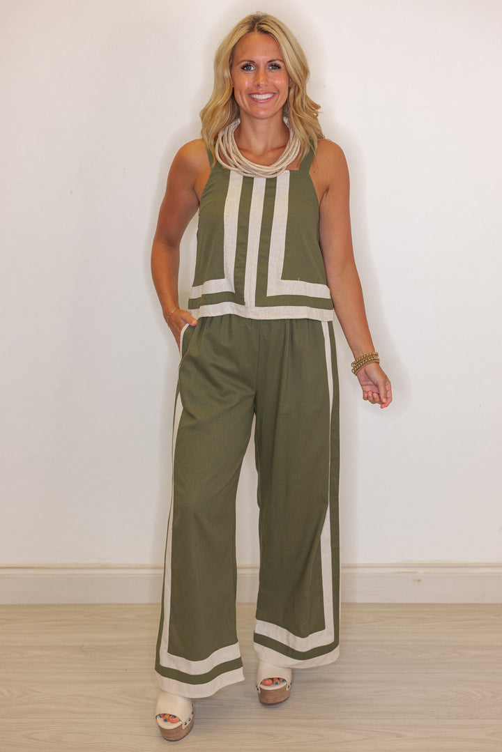 Women's trendy olive green linen sleeveless top with oatmeal trim throughout by Entro