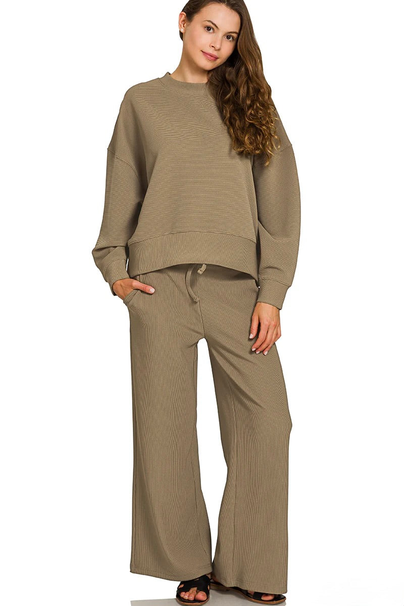 Women's olive khaki ribbed knit wide leg pants and long sleeve top set by Zenana