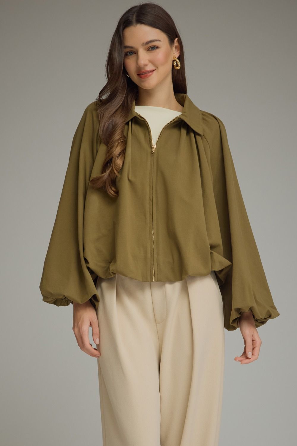 Effortless Edge Olive Bubble Hem Jacket