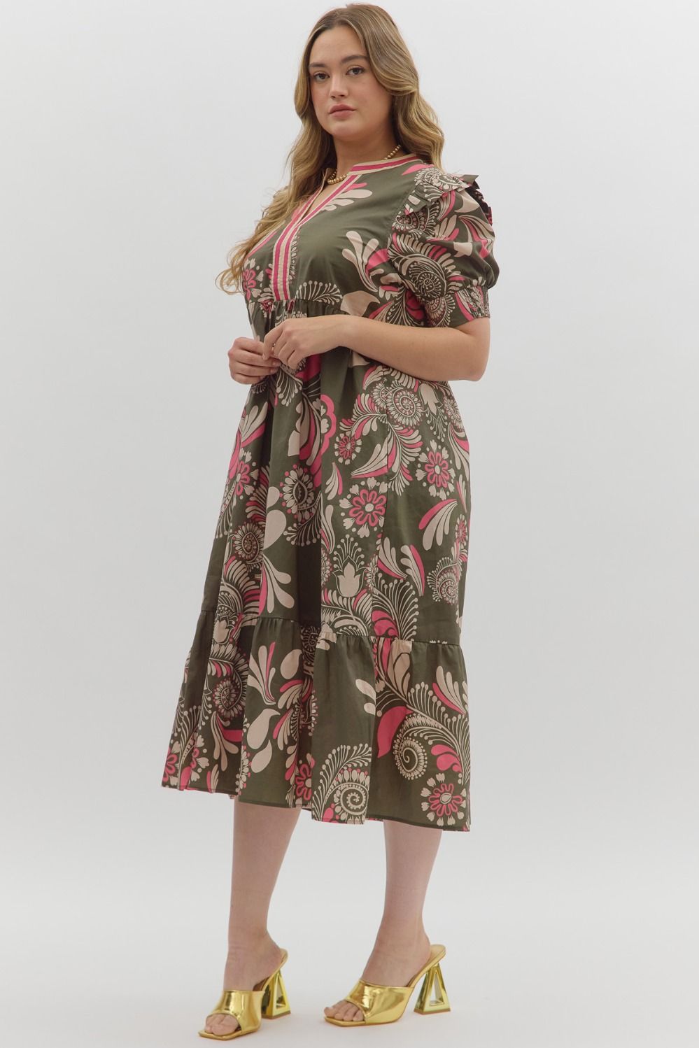Women's olive midi dress with beige and pink paisley floral print in plus by Entro showing slight side view