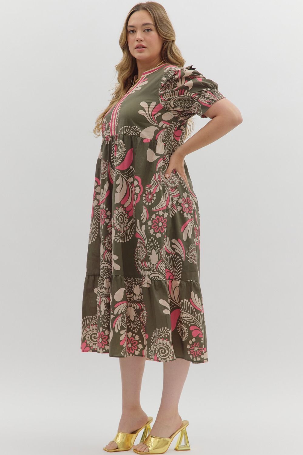 Women's olive midi dress with beige and pink paisley floral print in plus by Entro showing side view