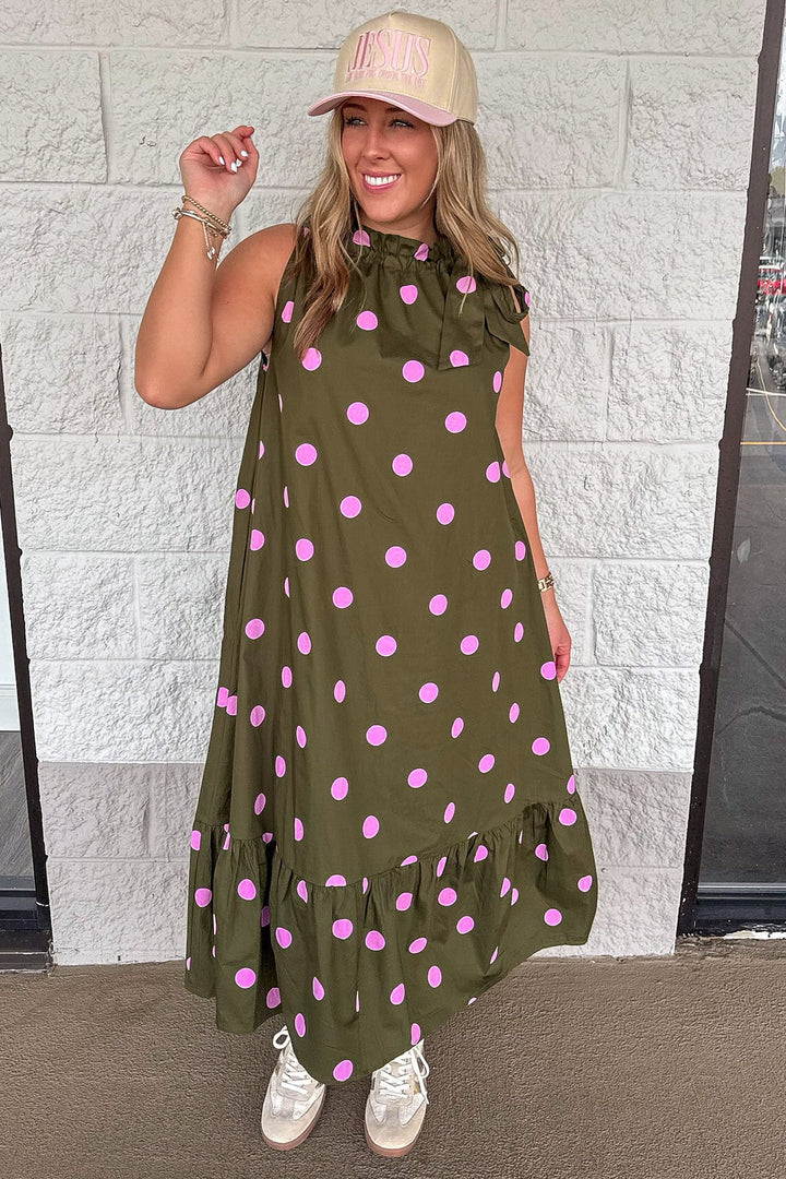 olive green with pink polka dot print sleeveless cinch mock neck midi dress with tiered bottom hem