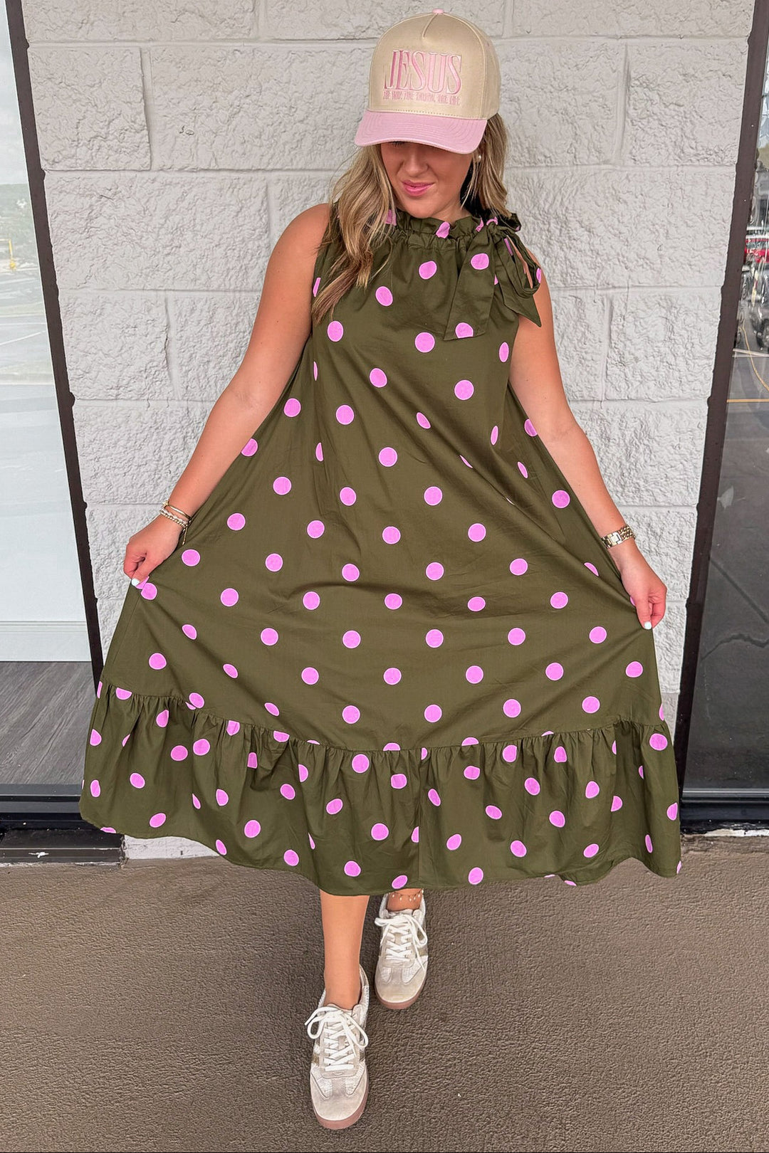 olive green with pink polka dot print sleeveless cinch neck relaxed silhouette midi dress