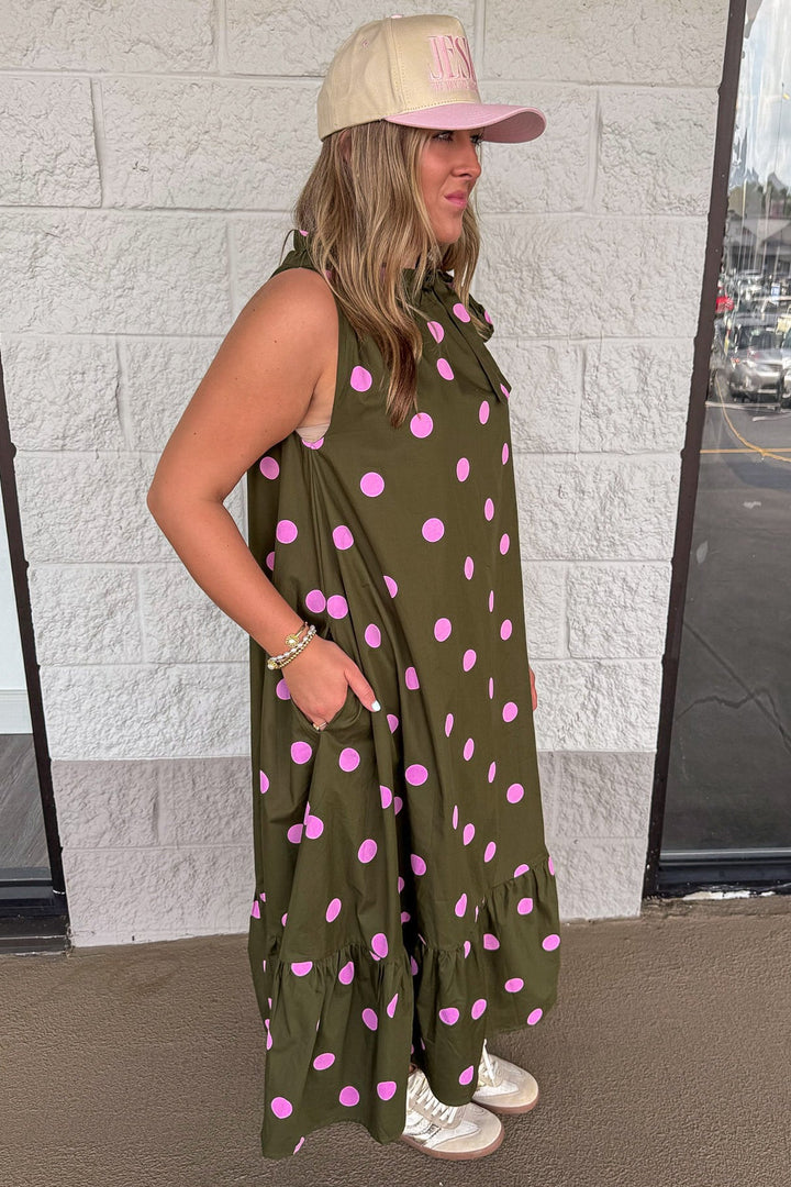 olive green with pink polka dot print sleeveless cinch neck midi dress with side pockets