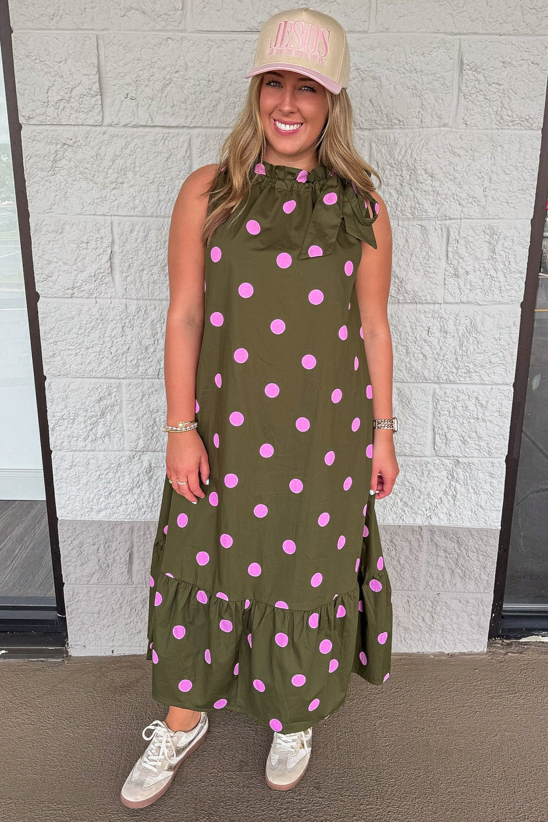 olive green with pink polka dot print sleeveless cinch mock neck midi dress