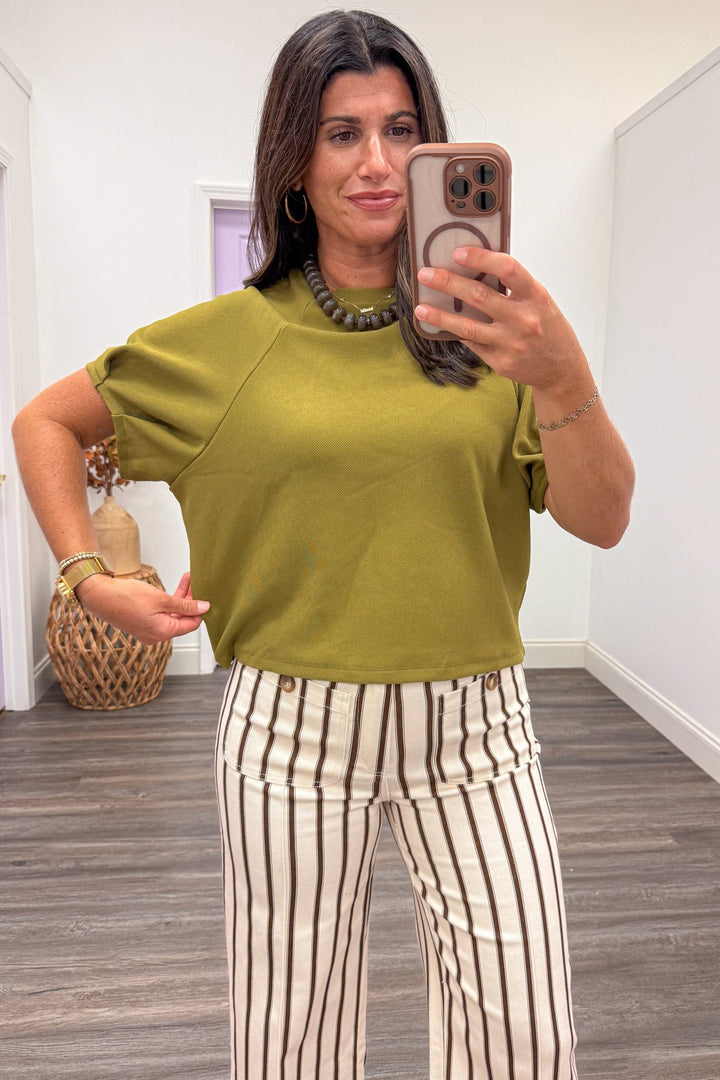 solid light olive green short puff sleeve semi-cropped relaxed silhouette ribbed knit top