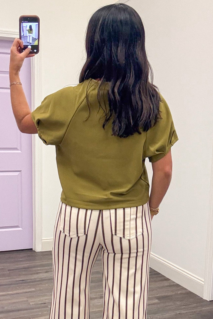 solid light olive green short puff sleeve semi-cropped ribbed textured knit top