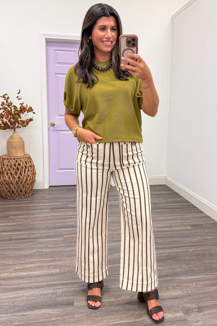 solid light olive green gathered short puff sleeve semi-cropped ribbed knit top