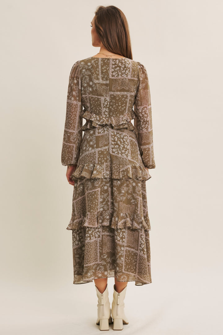 olive paisley ruffled dress for fall formal wear wedding attire back