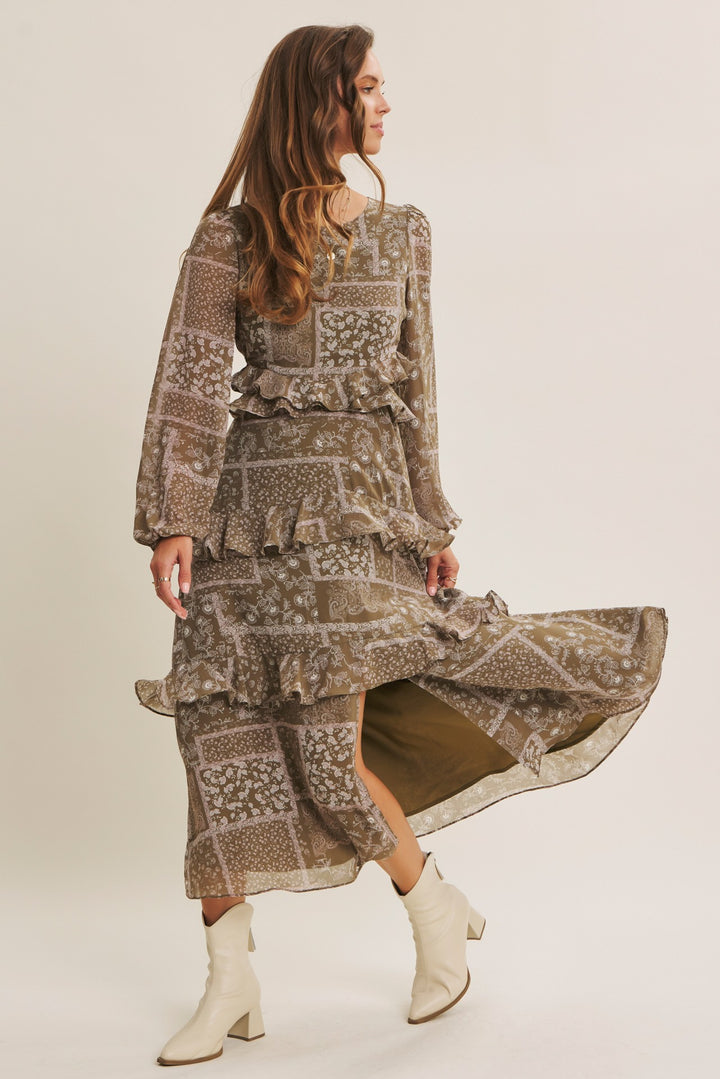 olive paisley ruffled dress for fall formal wear wedding attire slit