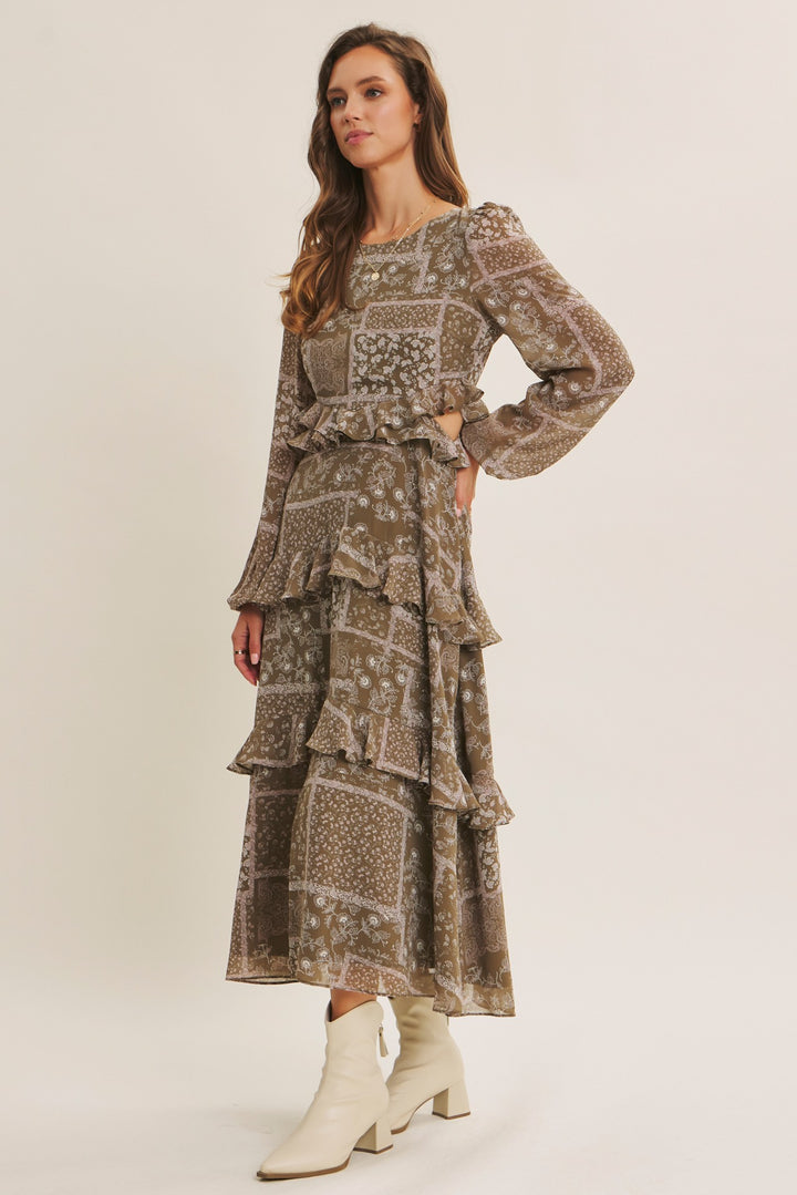 olive paisley ruffled dress for fall formal wear wedding attire side