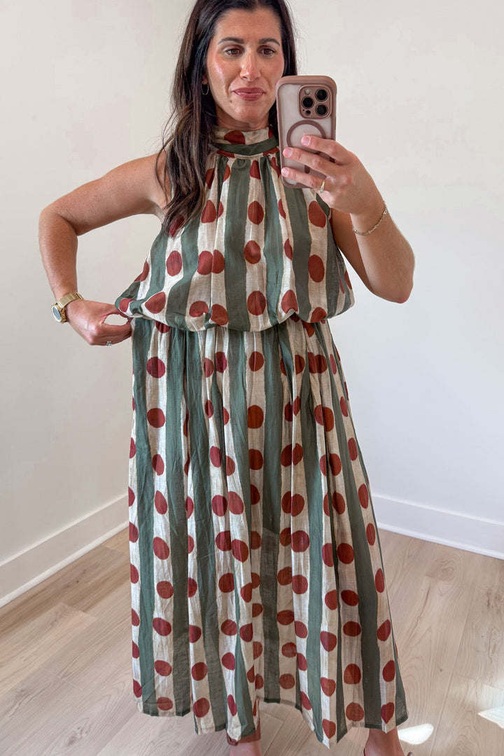 olive green and ecru stripes with rust polka dot print sleeveless elastic waist midi dress