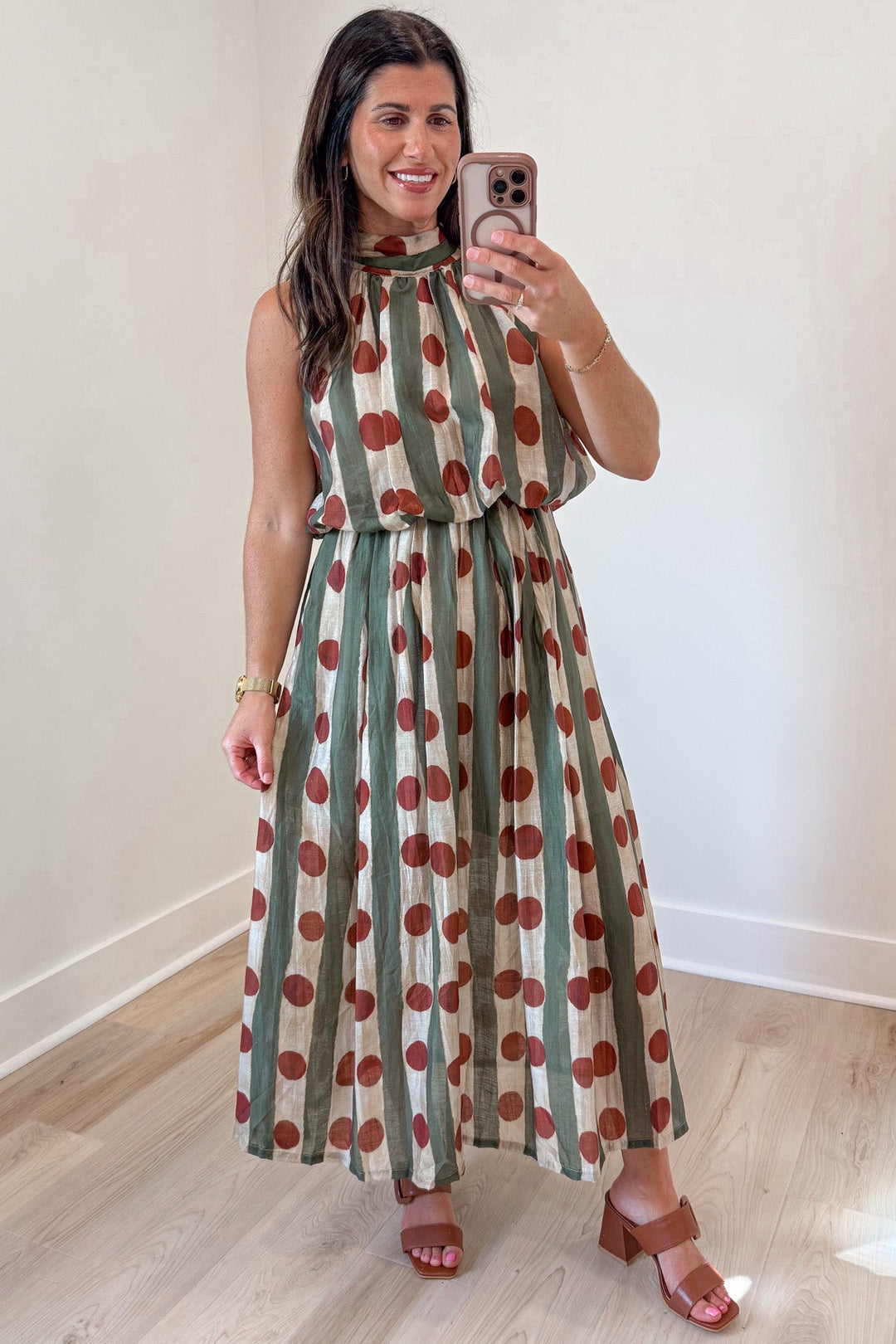 olive green and ecru stripes with rust polka dot print sleeveless midi dress