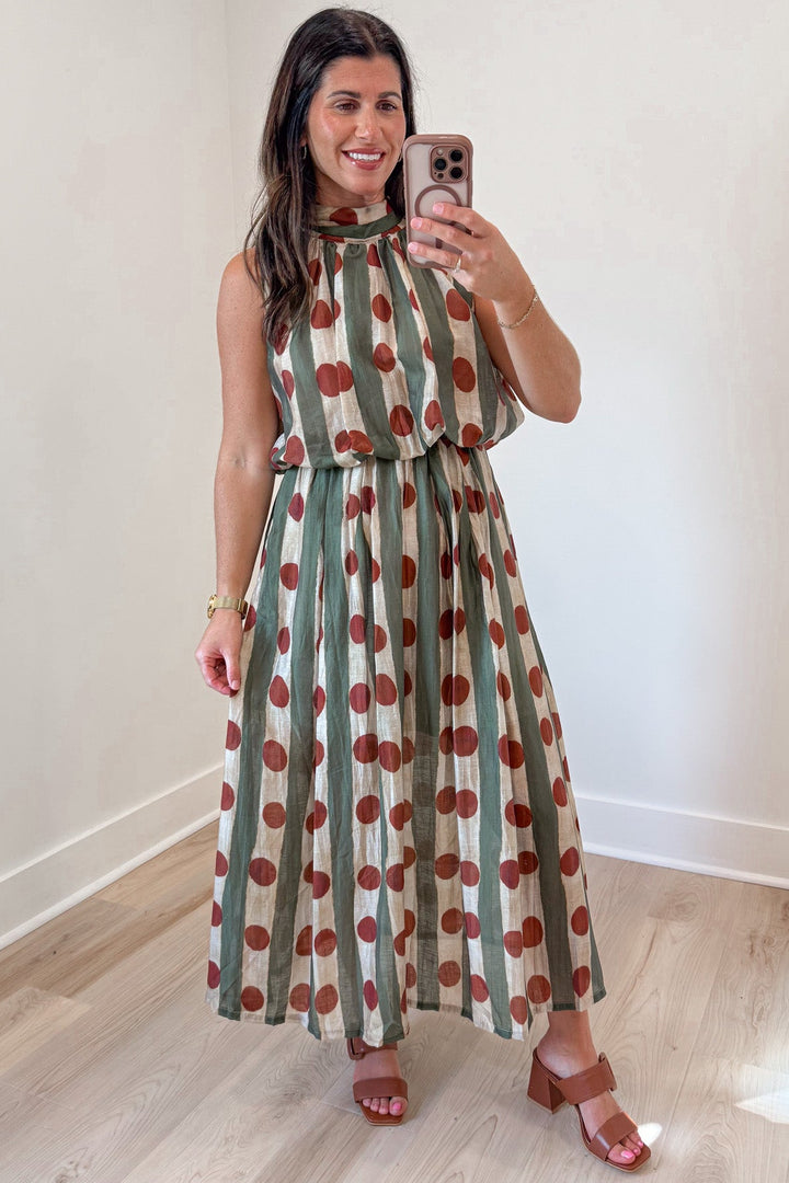 olive green and ecru stripes with rust polka dot print sleeveless midi dress