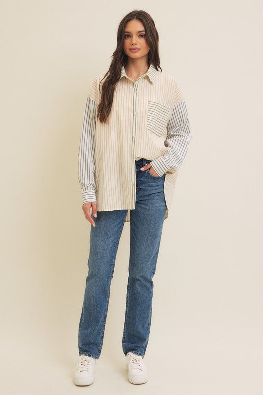 In February Olive, tan, blue, and off white striped colorblock textured button down top
