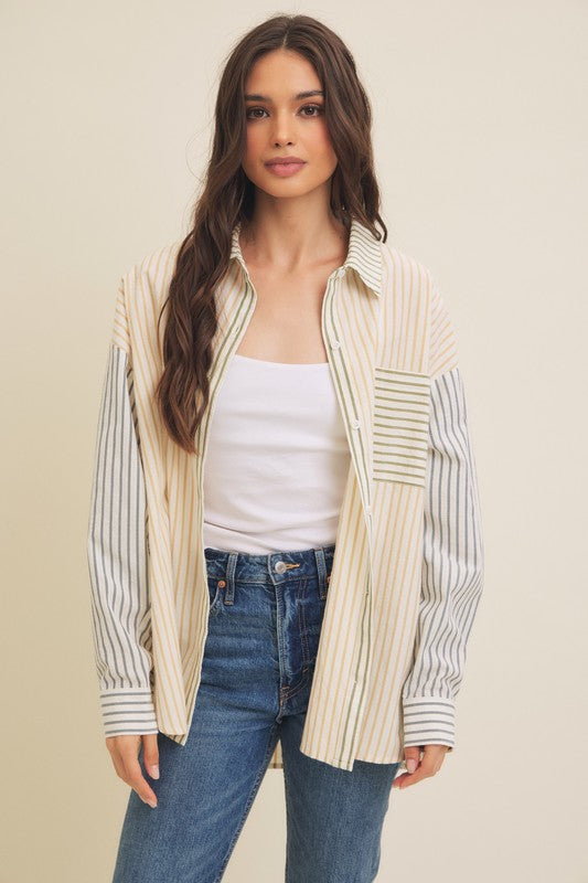 In February Olive, tan, blue, and off white striped colorblock textured button down top