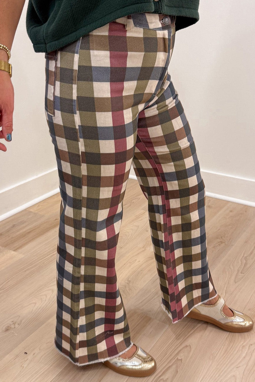 olive brown blue ivory and burgundy washed plaid print wide leg twill denim pants with belt loops