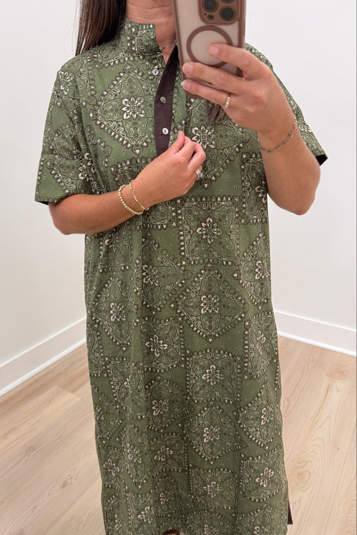 olive green with white bandana print short sleeve relaxed fit poplin cotton maxi dress with high neck button front bodice