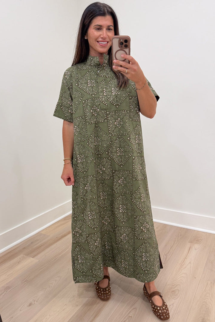 olive green with white and brown bandana print short sleeve relaxed fit poplin cotton maxi dress
