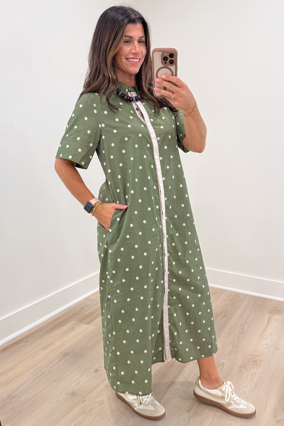 olive green with off white polka dot print short sleeve button front midi dress with side pockets
