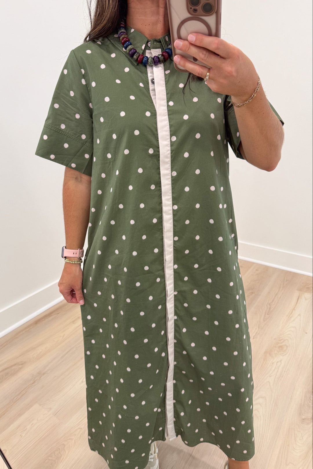 olive green with off white polka dot print short sleeve collared neckline button front midi dress