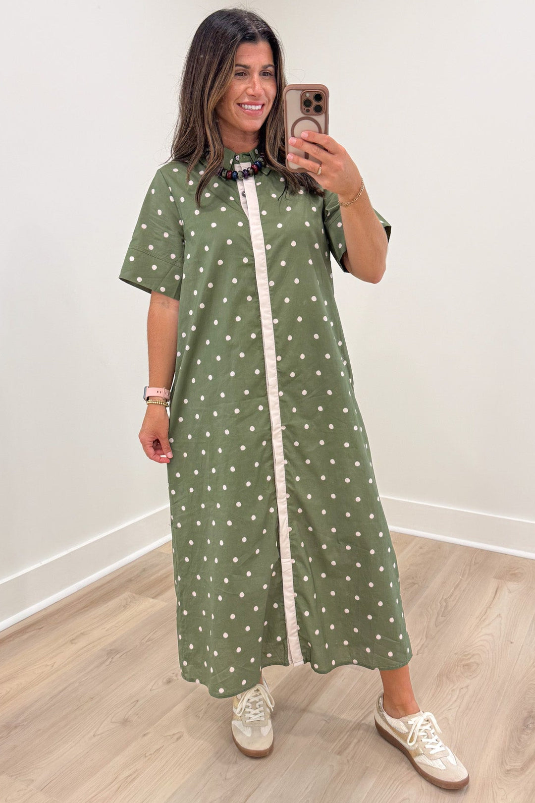 olive green with off white polka dot print short sleeve button front midi dress with hem side slits
