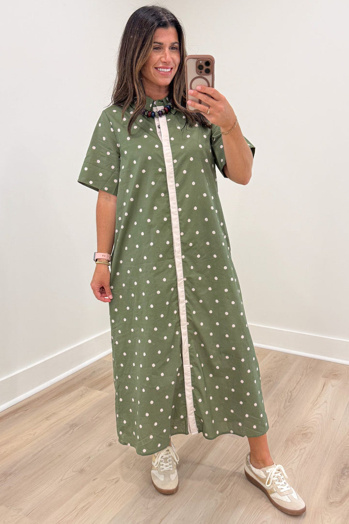 olive green with off white polka dot print short sleeve button front midi dress with hem side slits