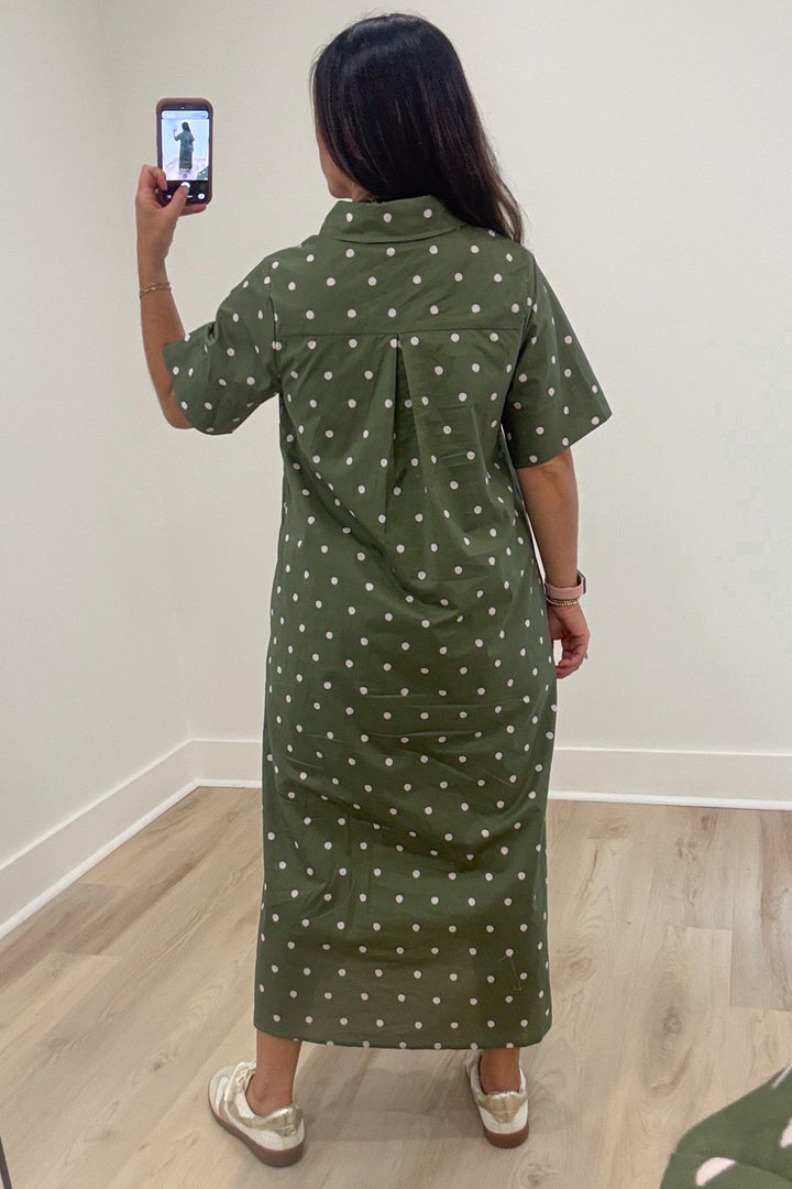 olive green with off white polka dot print short sleeve button front cotton poplin midi dress