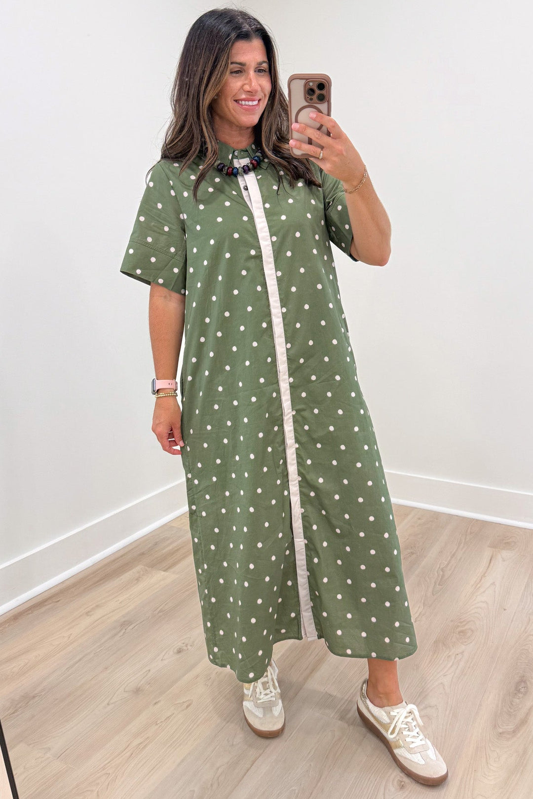 olive green with off white polka dot print short sleeve button front midi dress