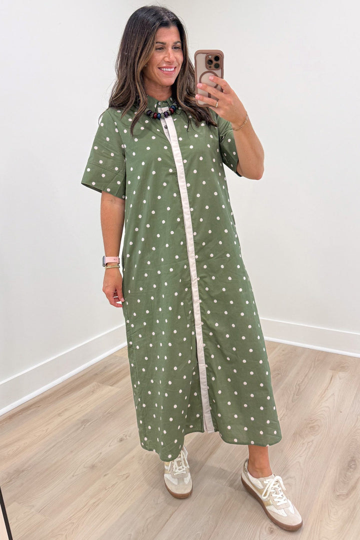 olive green with off white polka dot print short sleeve button front midi dress