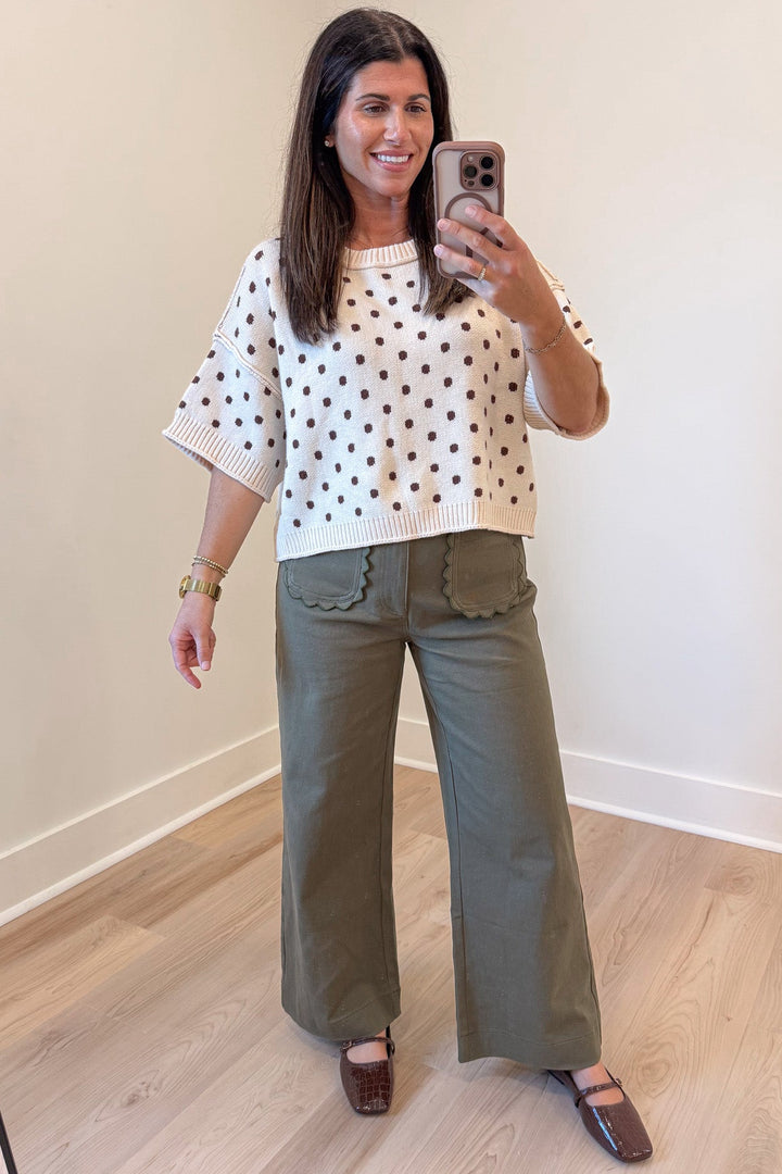 solid olive green wide leg high waisted scalloped embroidery trim twill denim pants