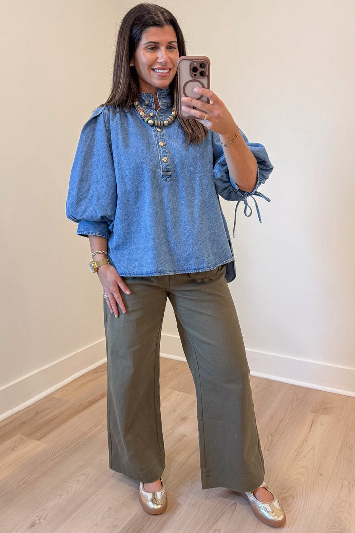 solid olive green wide leg high waisted scalloped trim twill denim pants