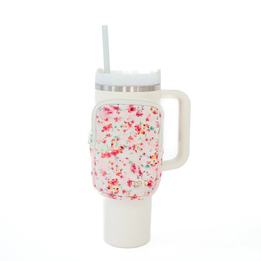 On the move water bottle pouch organizer in a pink floral print