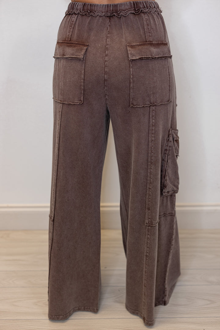 Women's mineral washed dark mocha terry knit exaggerated wide leg pants by Easel showing up close back view