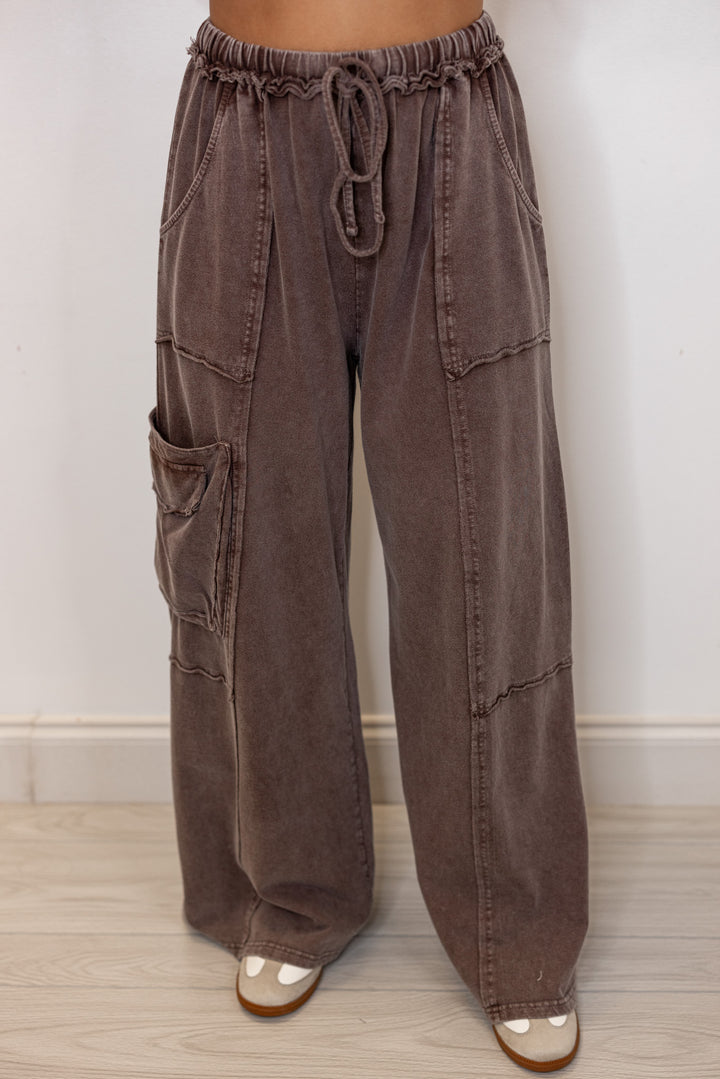 Women's mineral washed dark mocha terry knit exaggerated wide leg pants by Easel