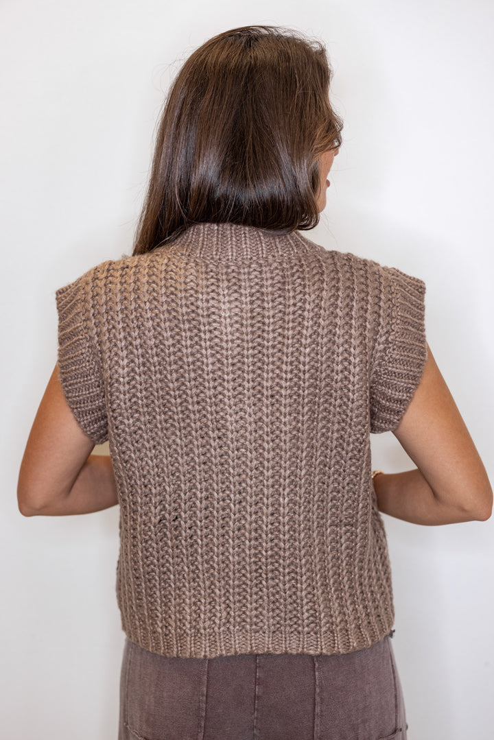 Women's mocha knit sweater vest style top by Entro showing up close back view